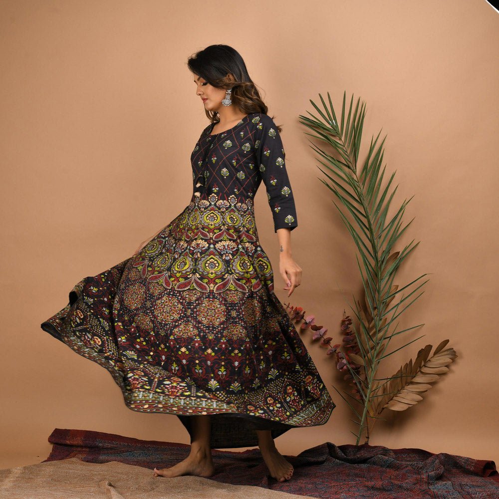 Black Gold Printed Ethnic Dress - DWEEP SARA