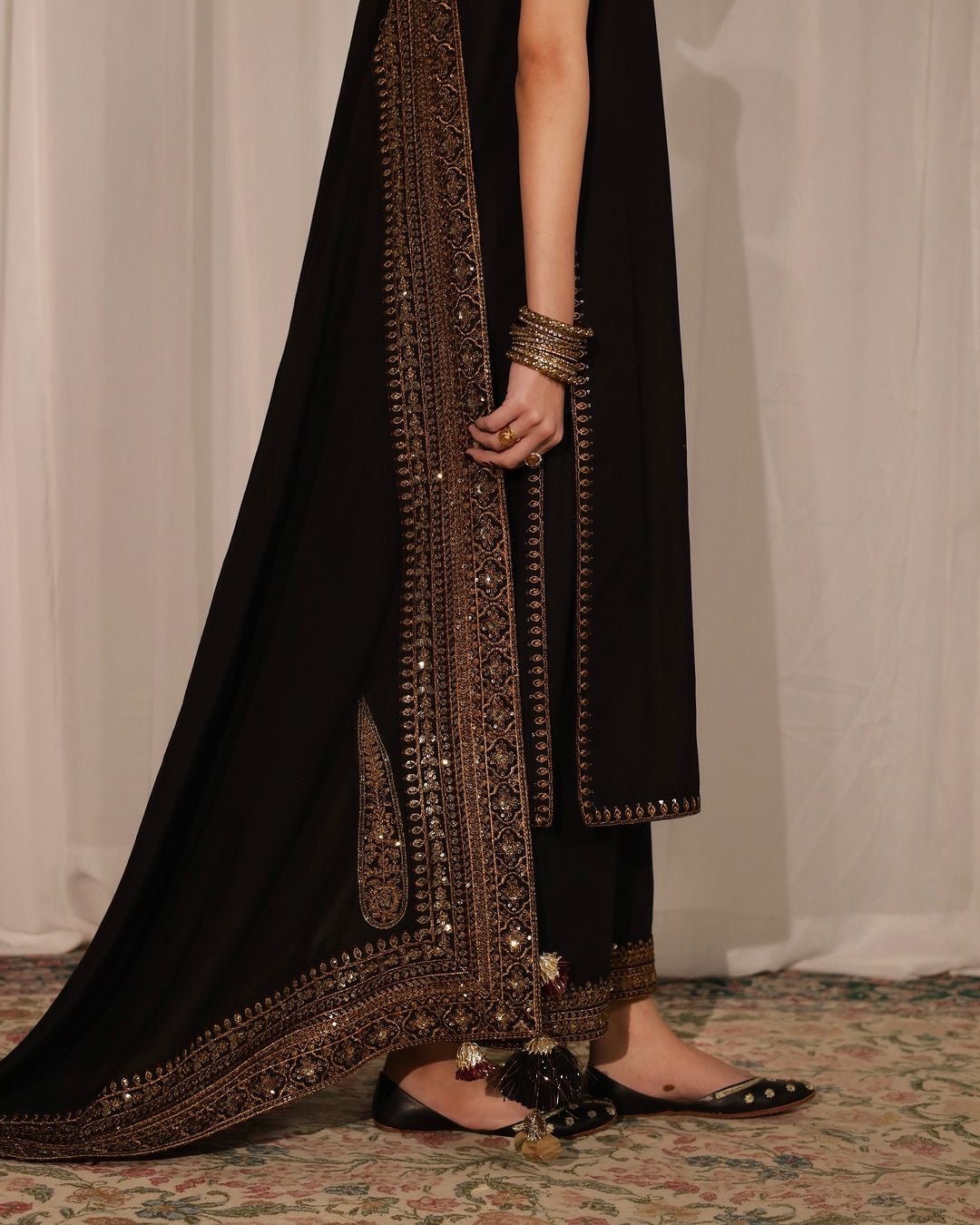 Black Khaddar Straight Kammez Suit with Karandi Shawal - DWEEP SARA