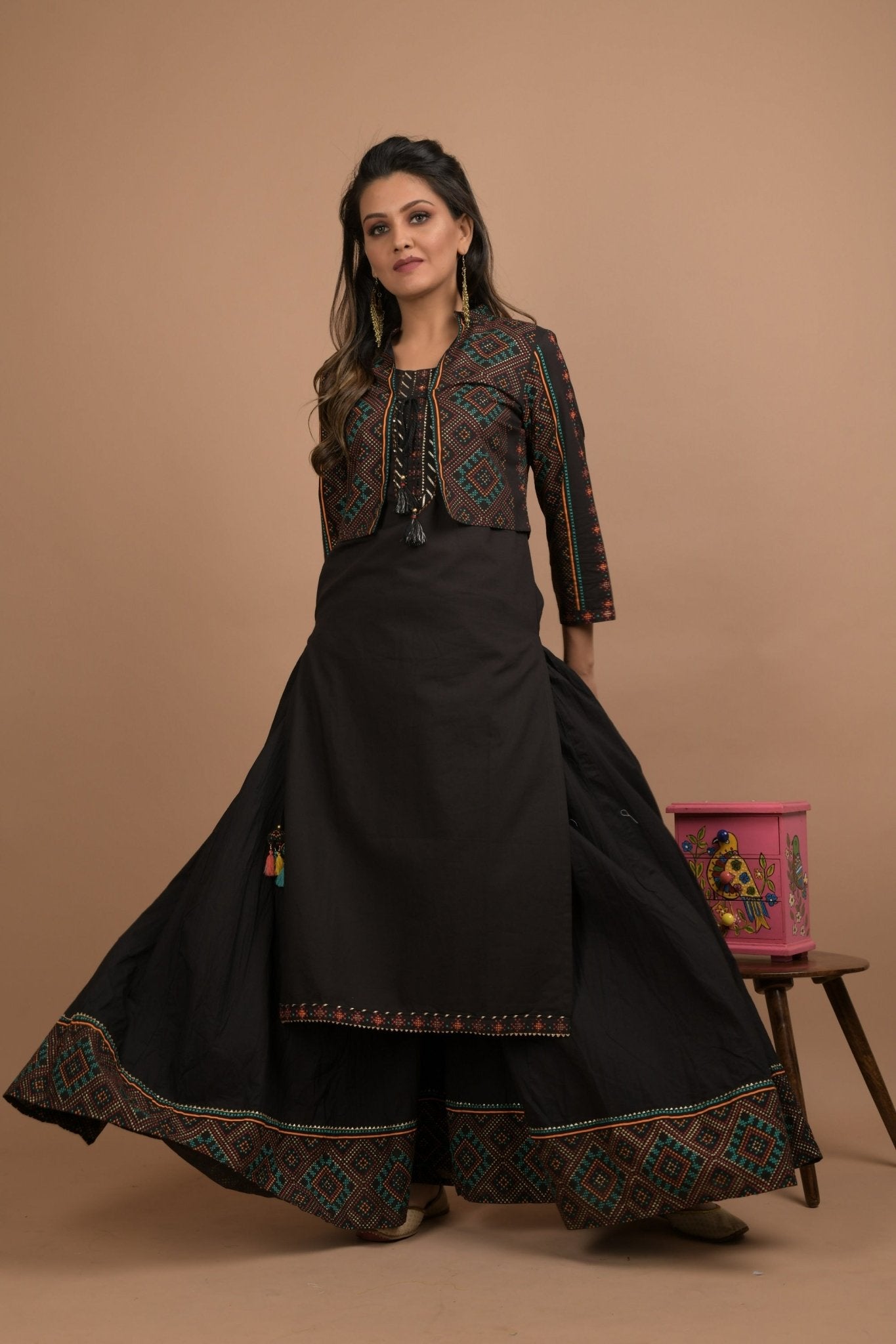 BLACK KURTA JACKET PLAZZO SET - DWEEP SARA