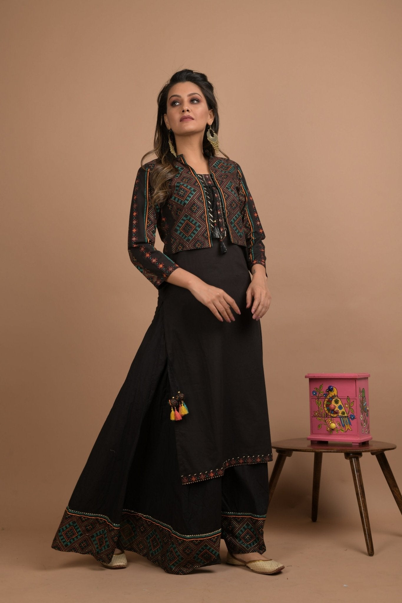 BLACK KURTA JACKET PLAZZO SET - DWEEP SARA