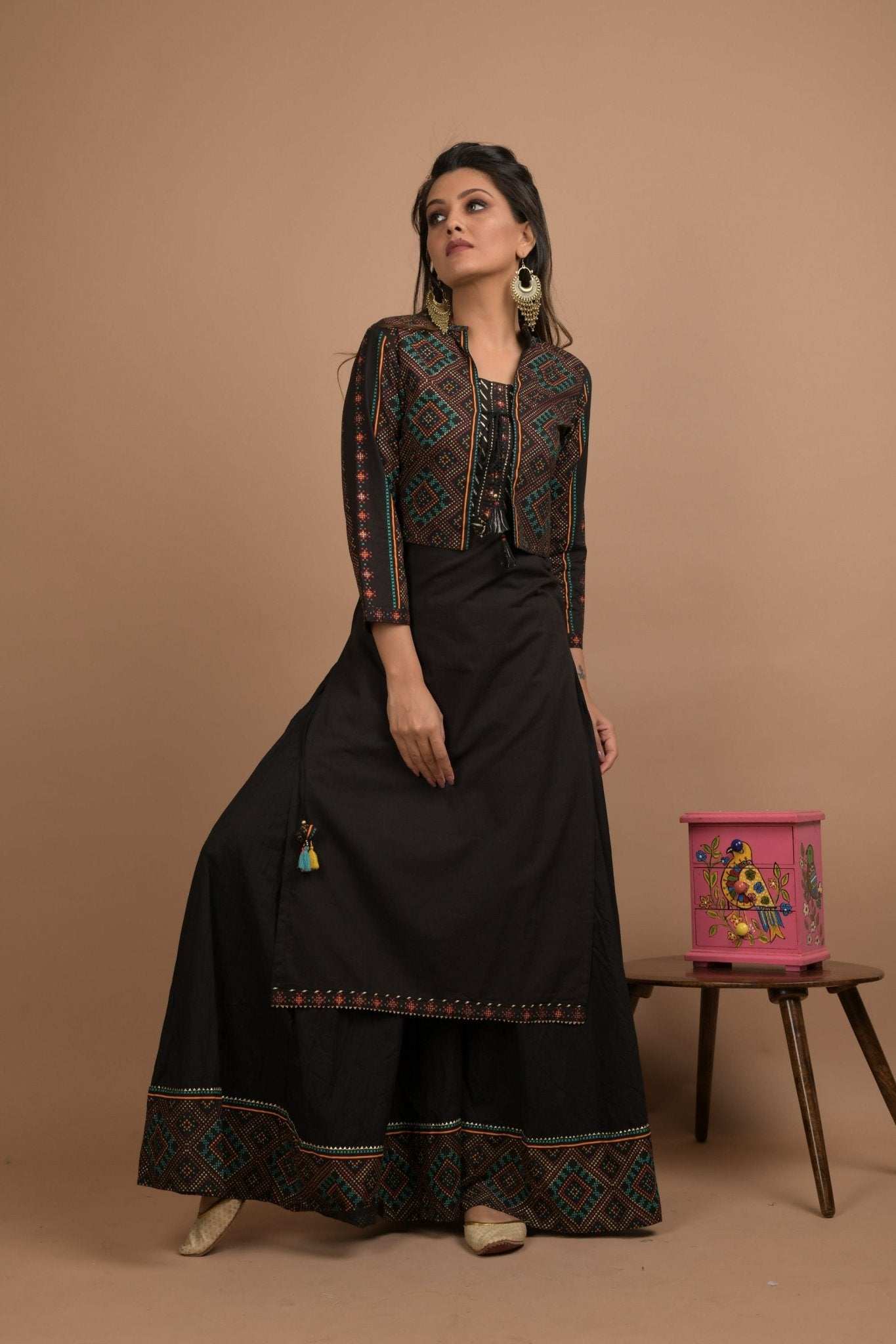 BLACK KURTA JACKET PLAZZO SET - DWEEP SARA