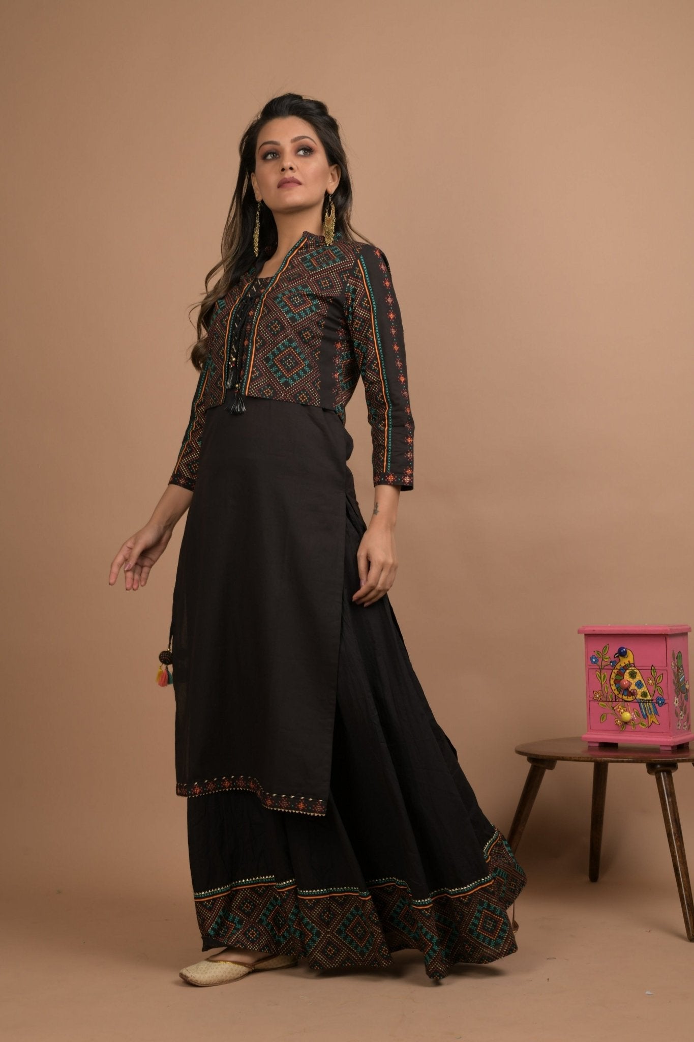 BLACK KURTA JACKET PLAZZO SET - DWEEP SARA