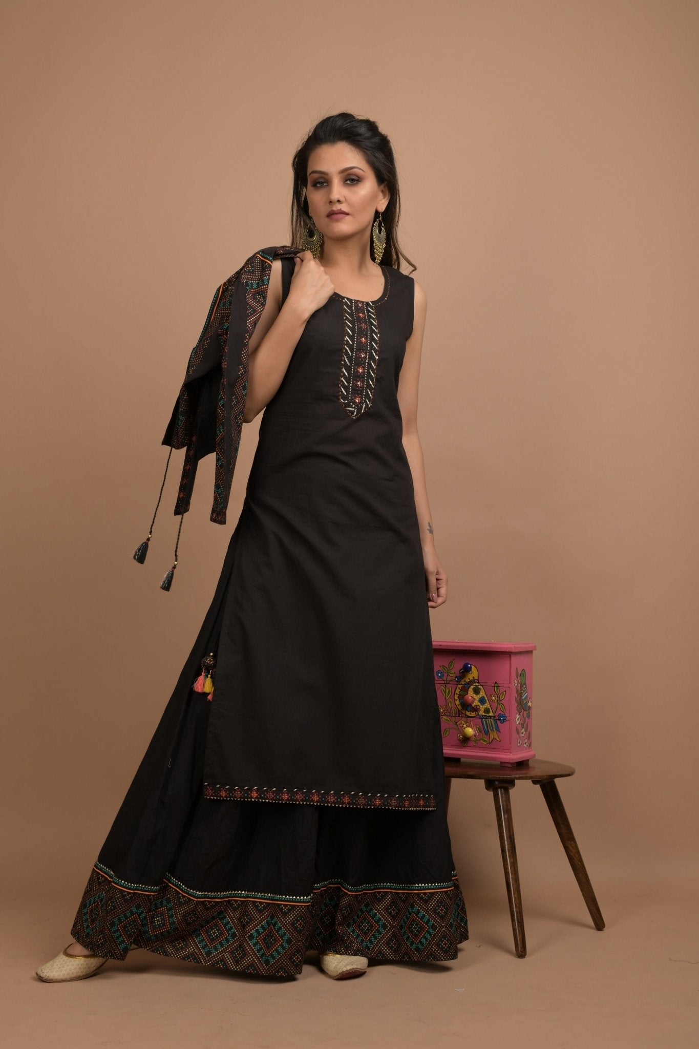 BLACK KURTA JACKET PLAZZO SET - DWEEP SARA