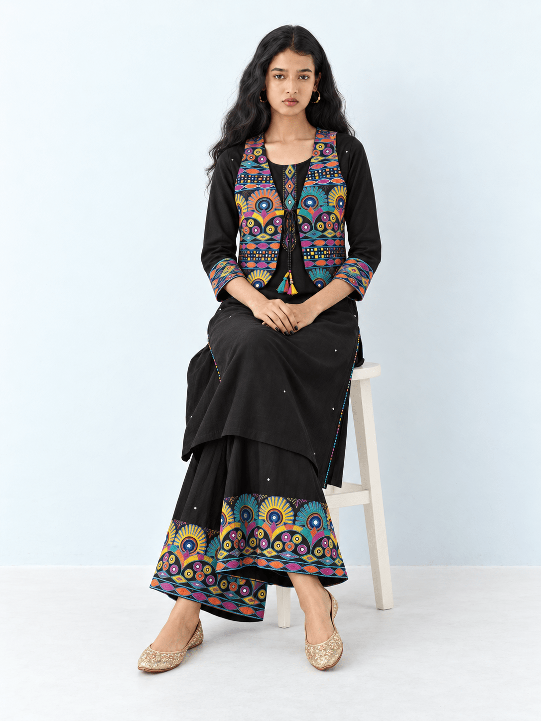 BLACK KUTCH WORK JACKET KURTA PLAZZO SET - DWEEP SARA