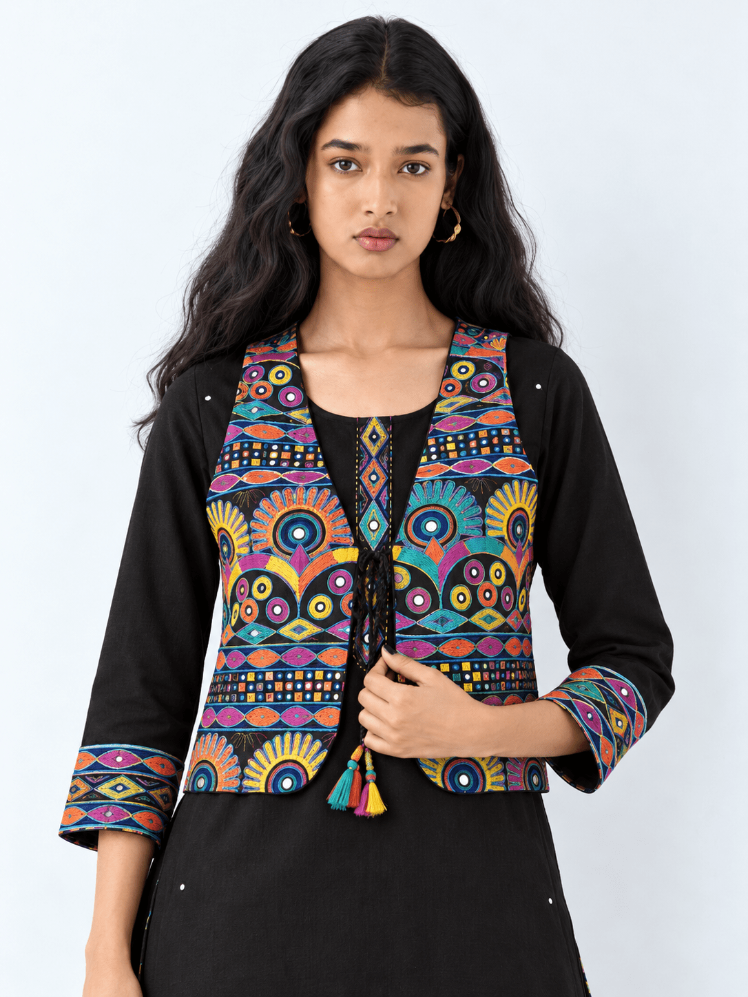BLACK KUTCH WORK JACKET KURTA PLAZZO SET - DWEEP SARA