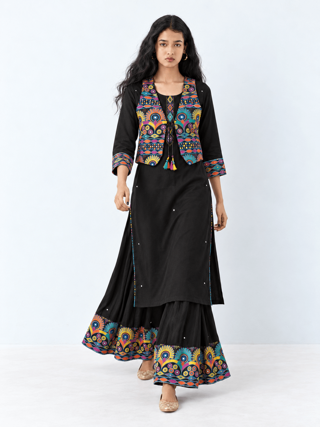 BLACK KUTCH WORK JACKET KURTA PLAZZO SET - DWEEP SARA