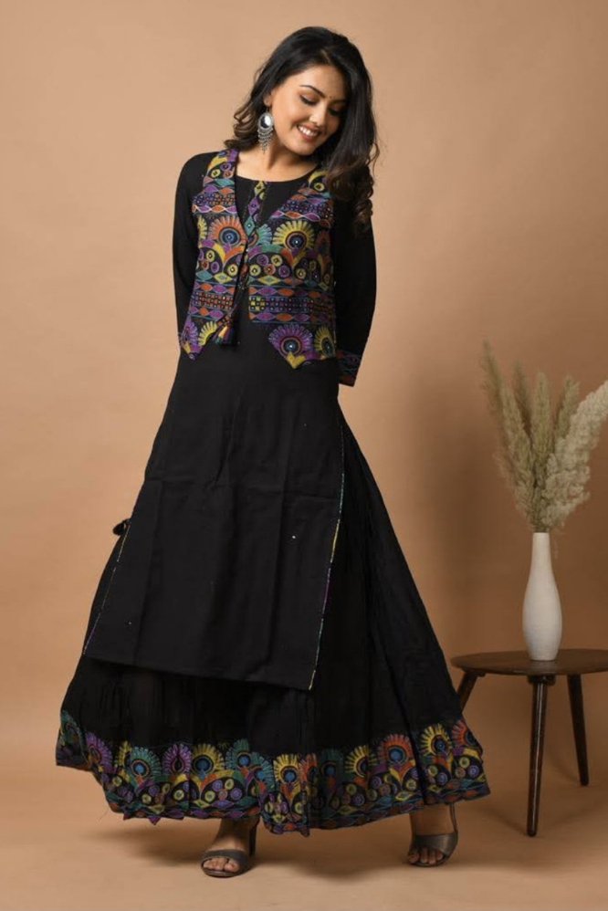 BLACK KUTCH WORK JACKET KURTA PLAZZO SET - DWEEP SARA