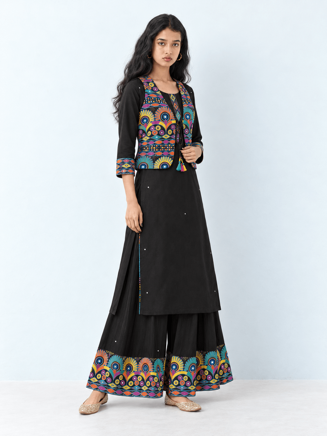 BLACK KUTCH WORK JACKET KURTA PLAZZO SET - DWEEP SARA
