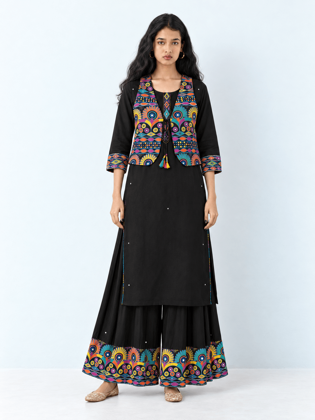 BLACK KUTCH WORK JACKET KURTA PLAZZO SET - DWEEP SARA