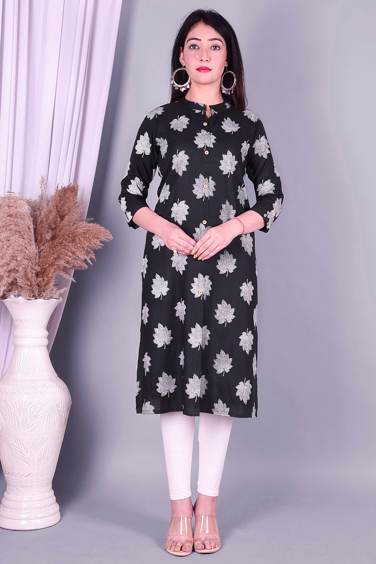 Black Leaf Printed Cotton Kurta - DWEEP SARA