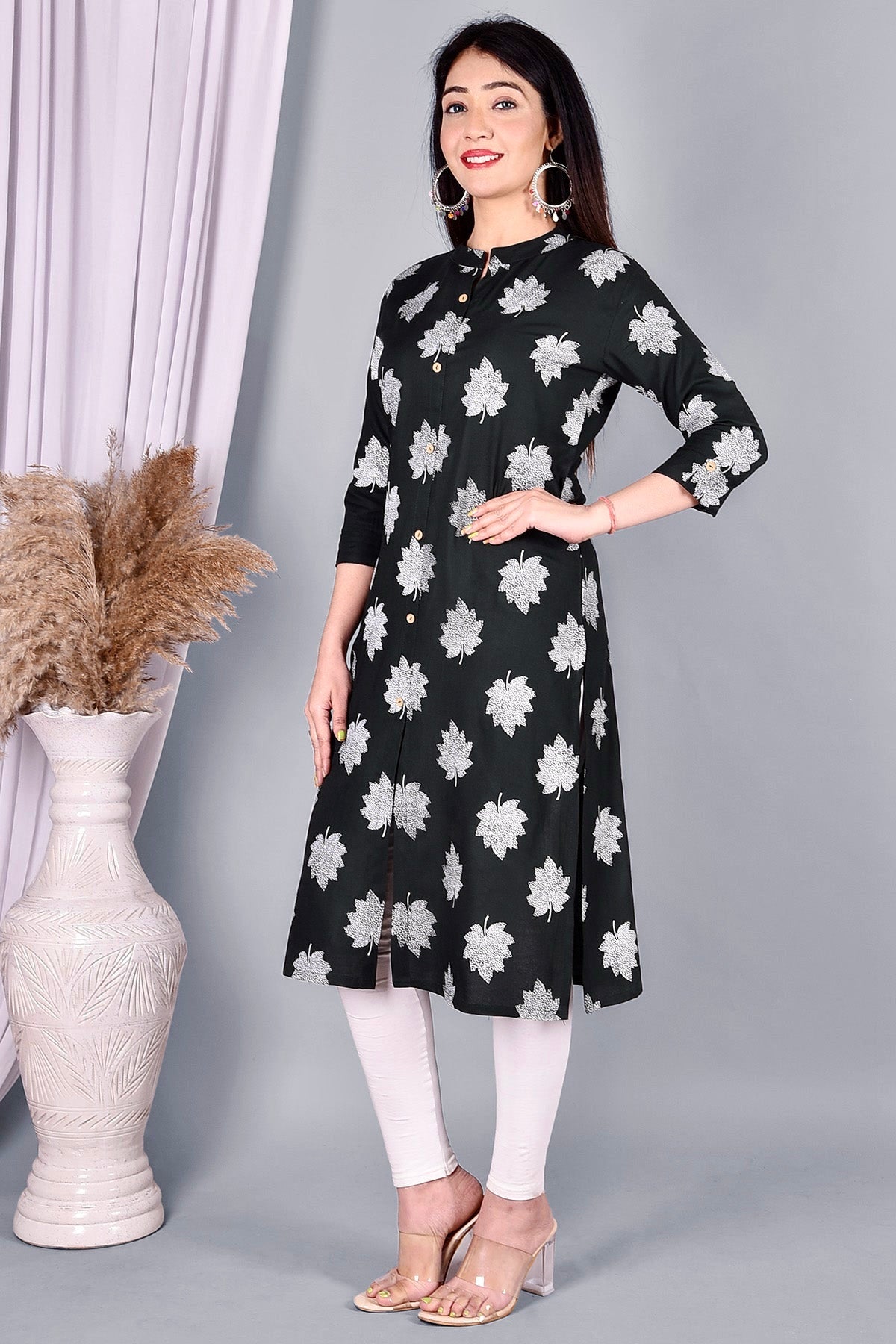 Black Leaf Printed Cotton Kurta - DWEEP SARA