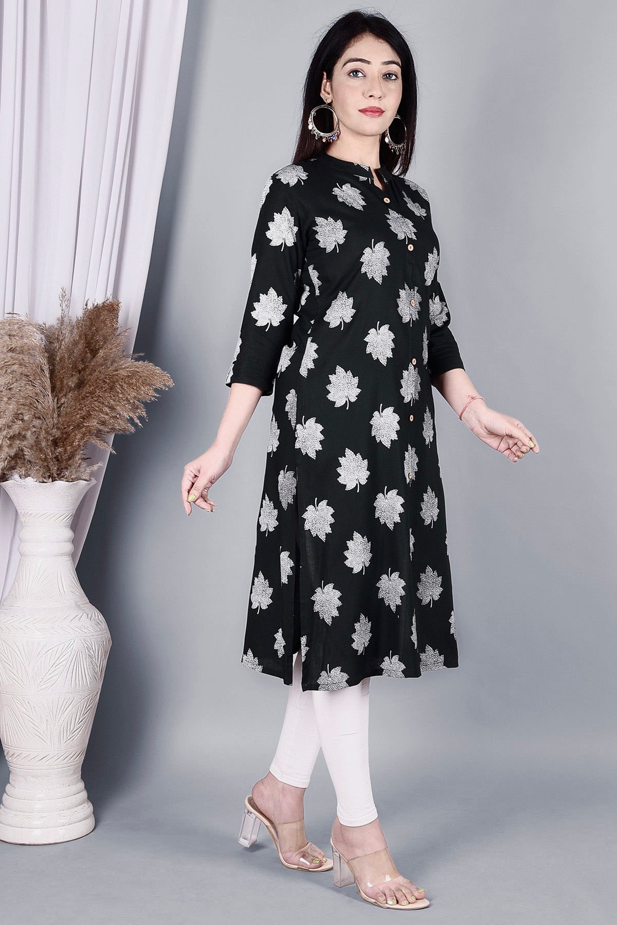 Black Leaf Printed Cotton Kurta - DWEEP SARA