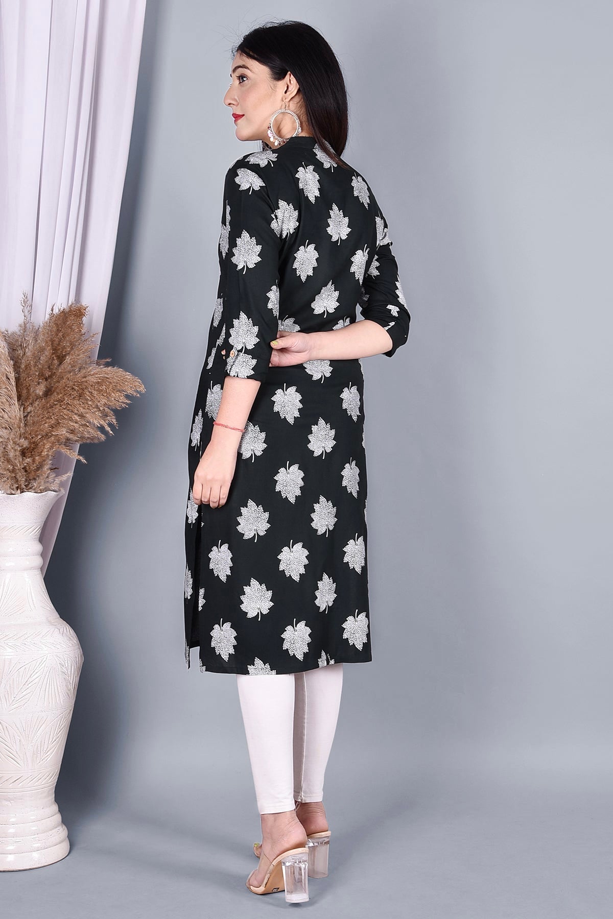 Black Leaf Printed Cotton Kurta - DWEEP SARA