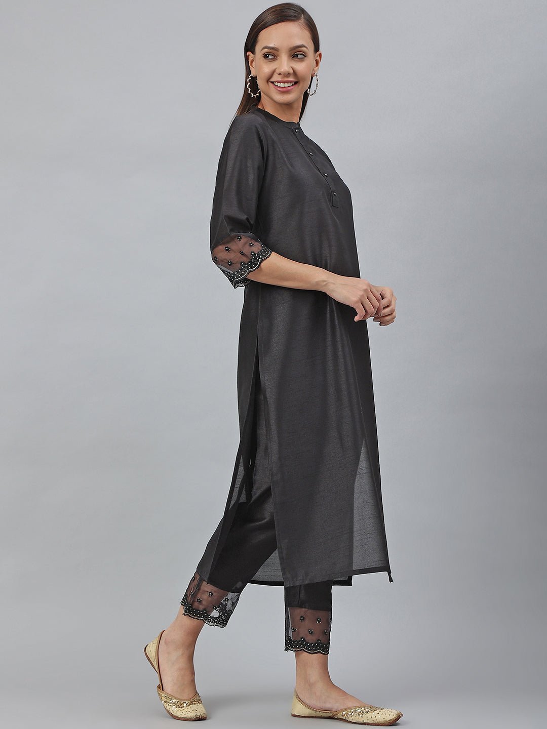 Black Poly Silk Embroidered Kurta Pant Set - DWEEP SARA