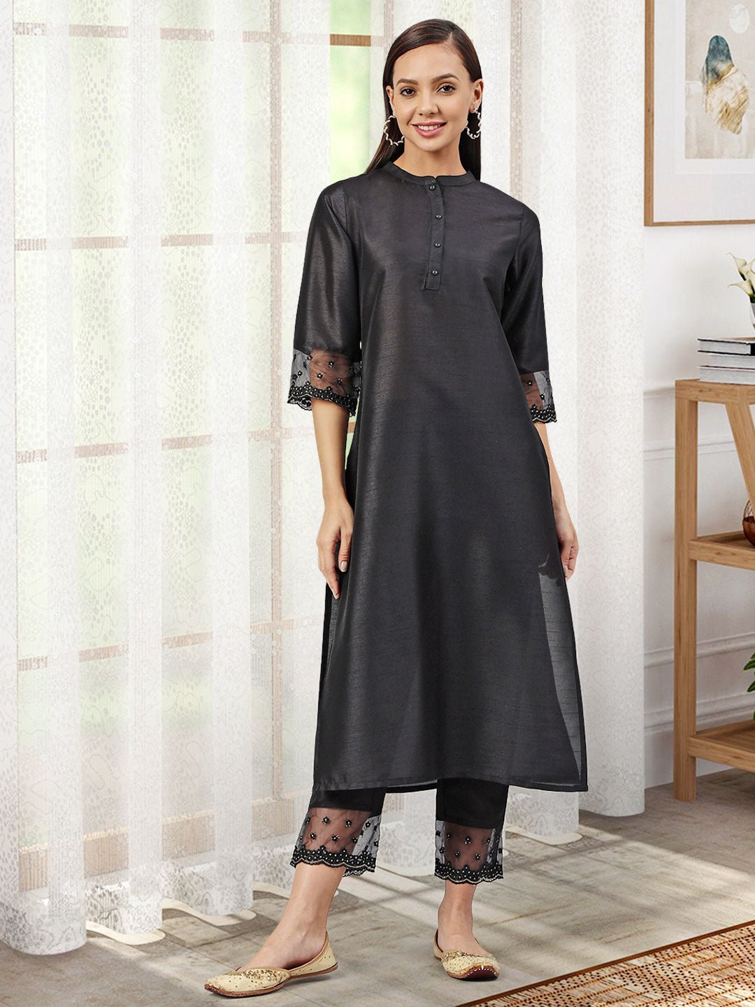 Black Poly Silk Embroidered Kurta Pant Set - DWEEP SARA