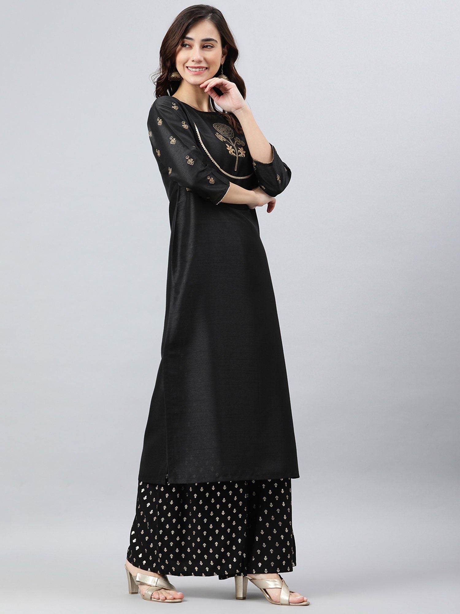 Black Poly Silk Printed Kurta - DWEEP SARA