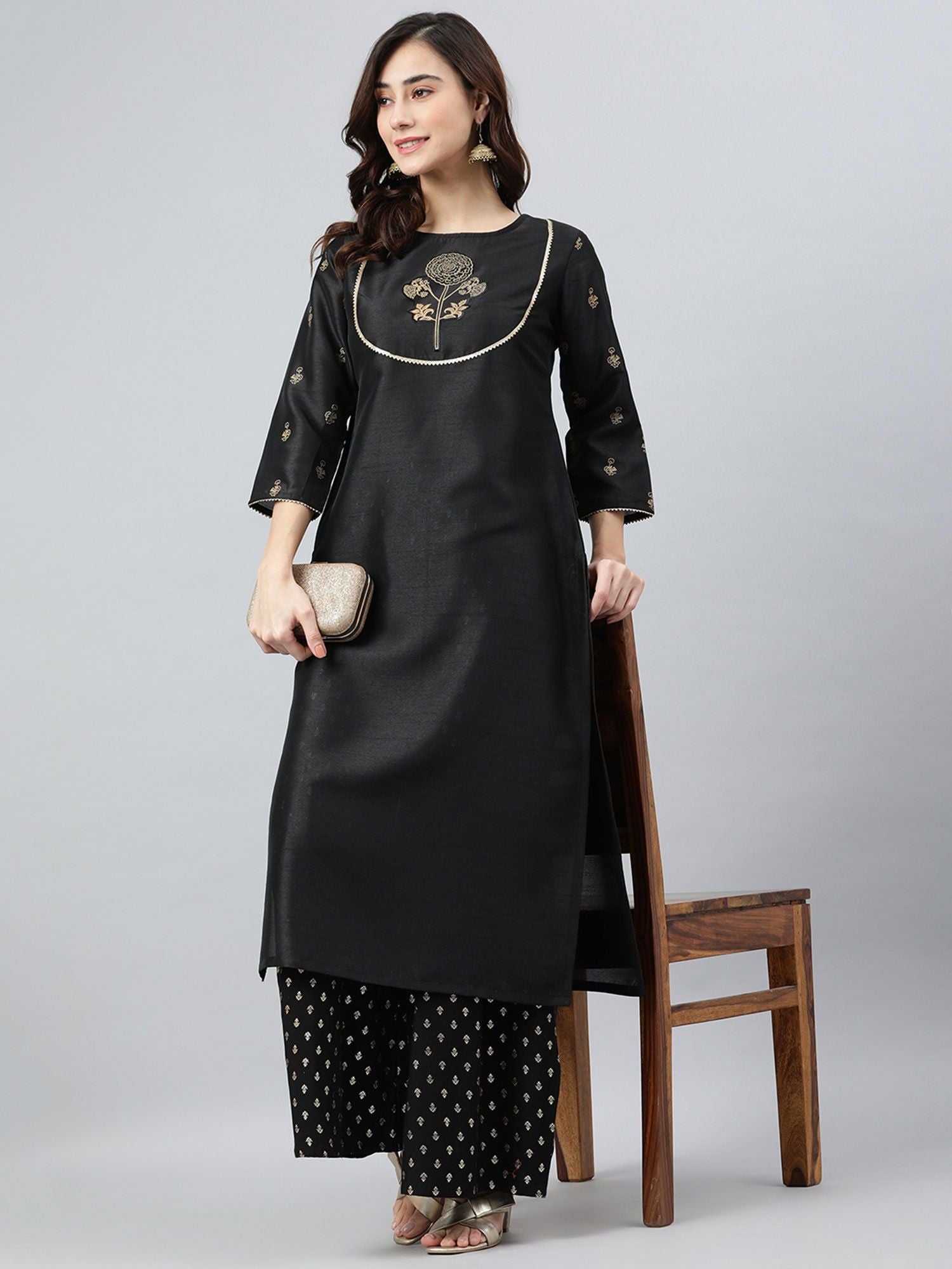 Black Poly Silk Printed Kurta - DWEEP SARA