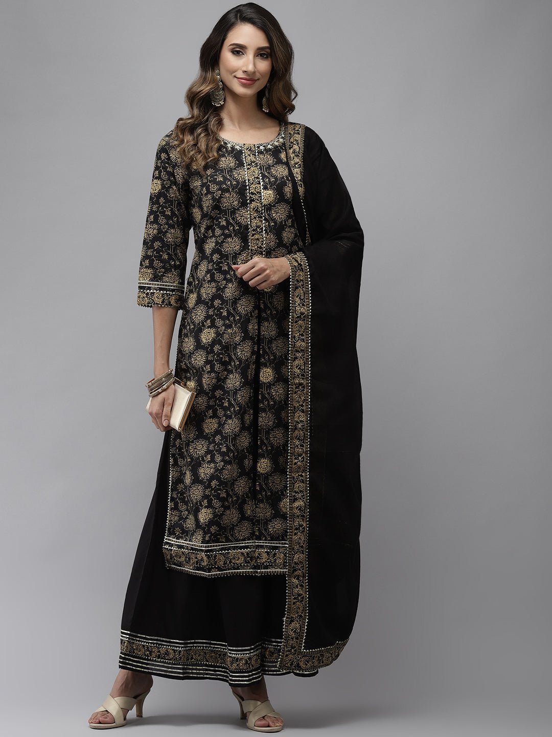 Black Printed A - Line Embroidered Kurta Plazzo Set - DWEEP SARA