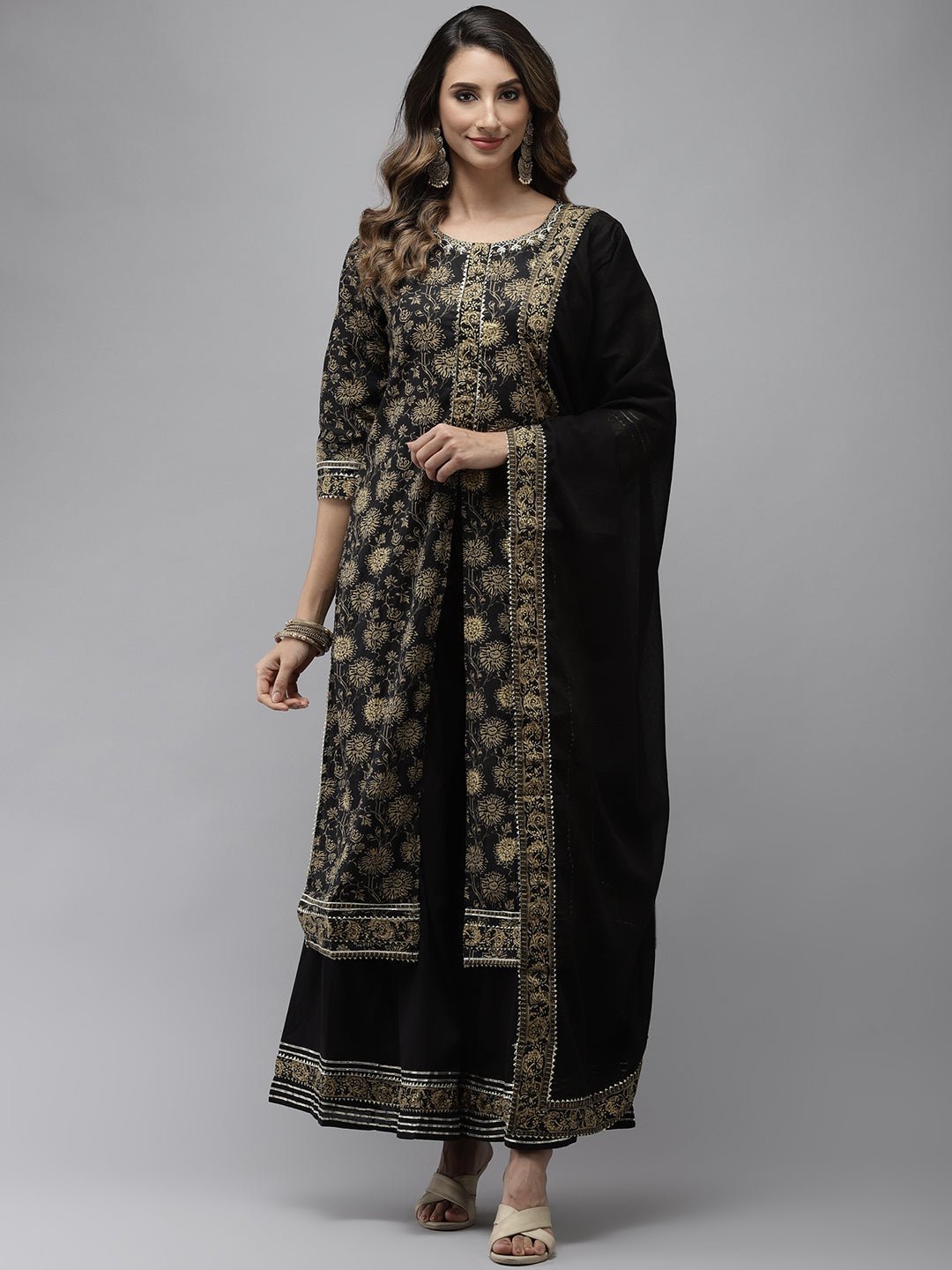 Black Printed A - Line Embroidered Kurta Plazzo Set - DWEEP SARA