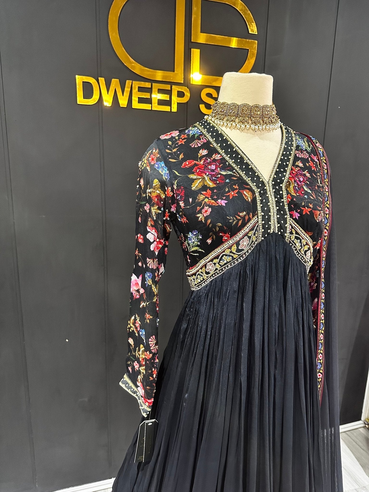 Black Printed Embroidered Anarkali Suit Set - DWEEP SARA