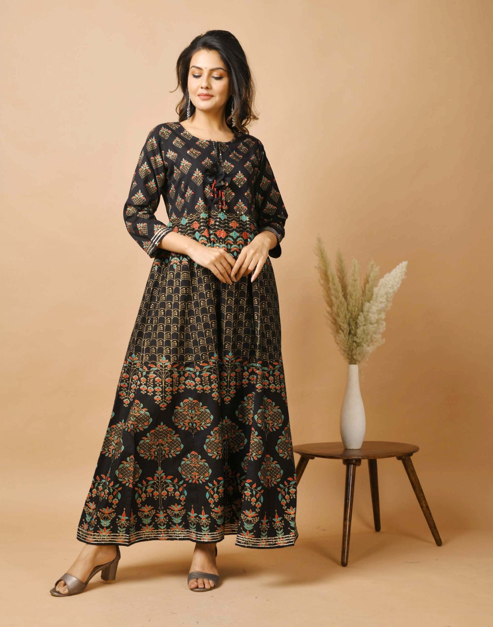 Black Rayon Gold Printed Dress - DWEEP SARA