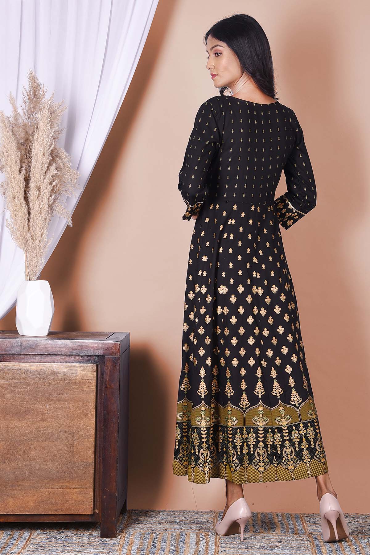 Black Rayon Gold Printed Dress - DWEEP SARA