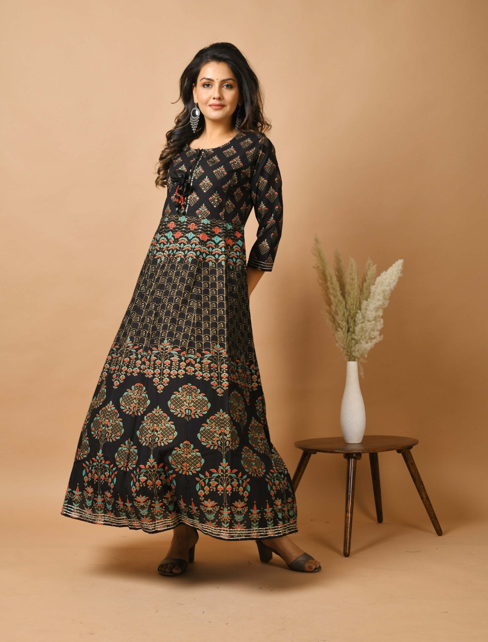 Black Rayon Gold Printed Dress - DWEEP SARA