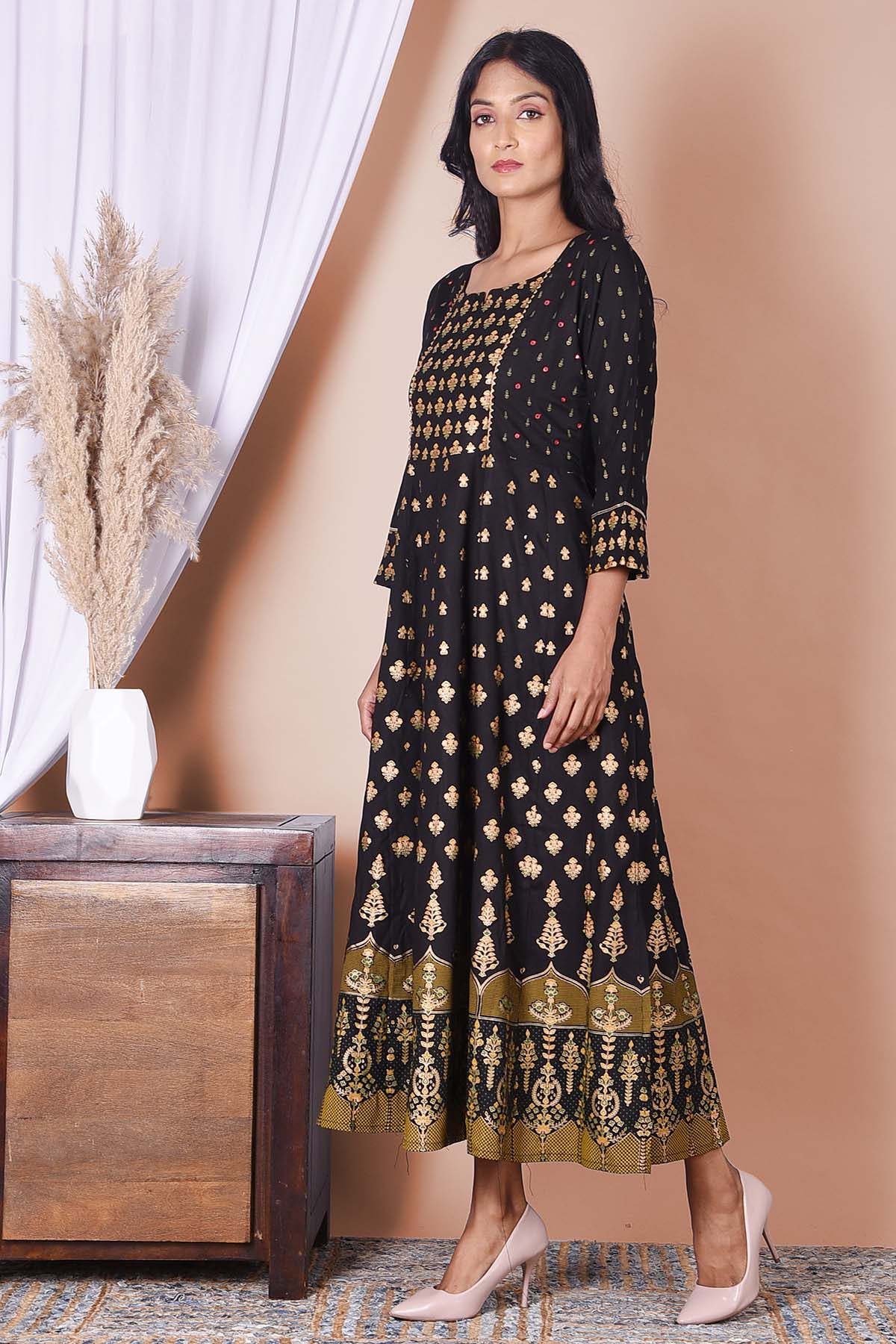 Black Rayon Gold Printed Dress - DWEEP SARA