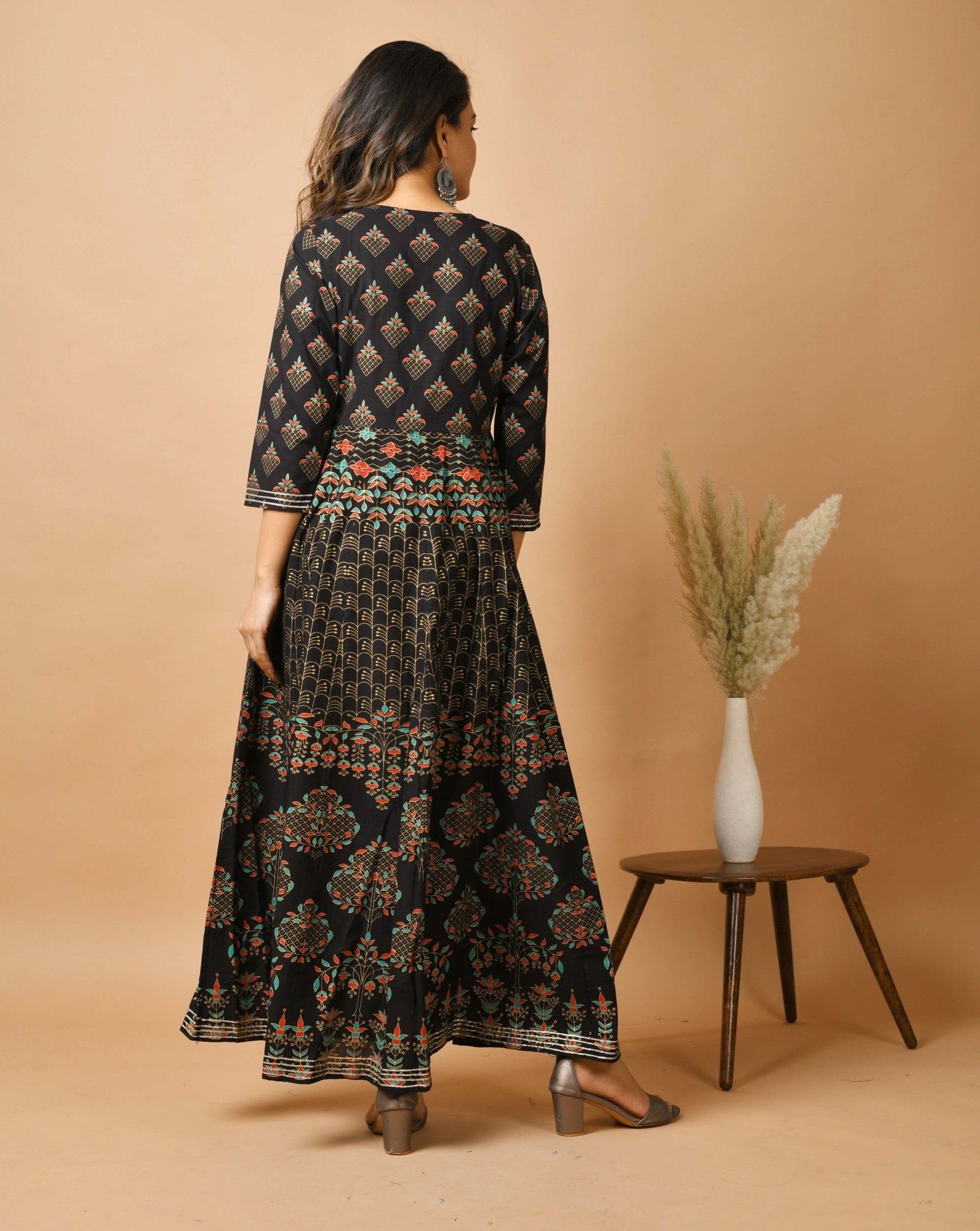 Black Rayon Gold Printed Dress - DWEEP SARA