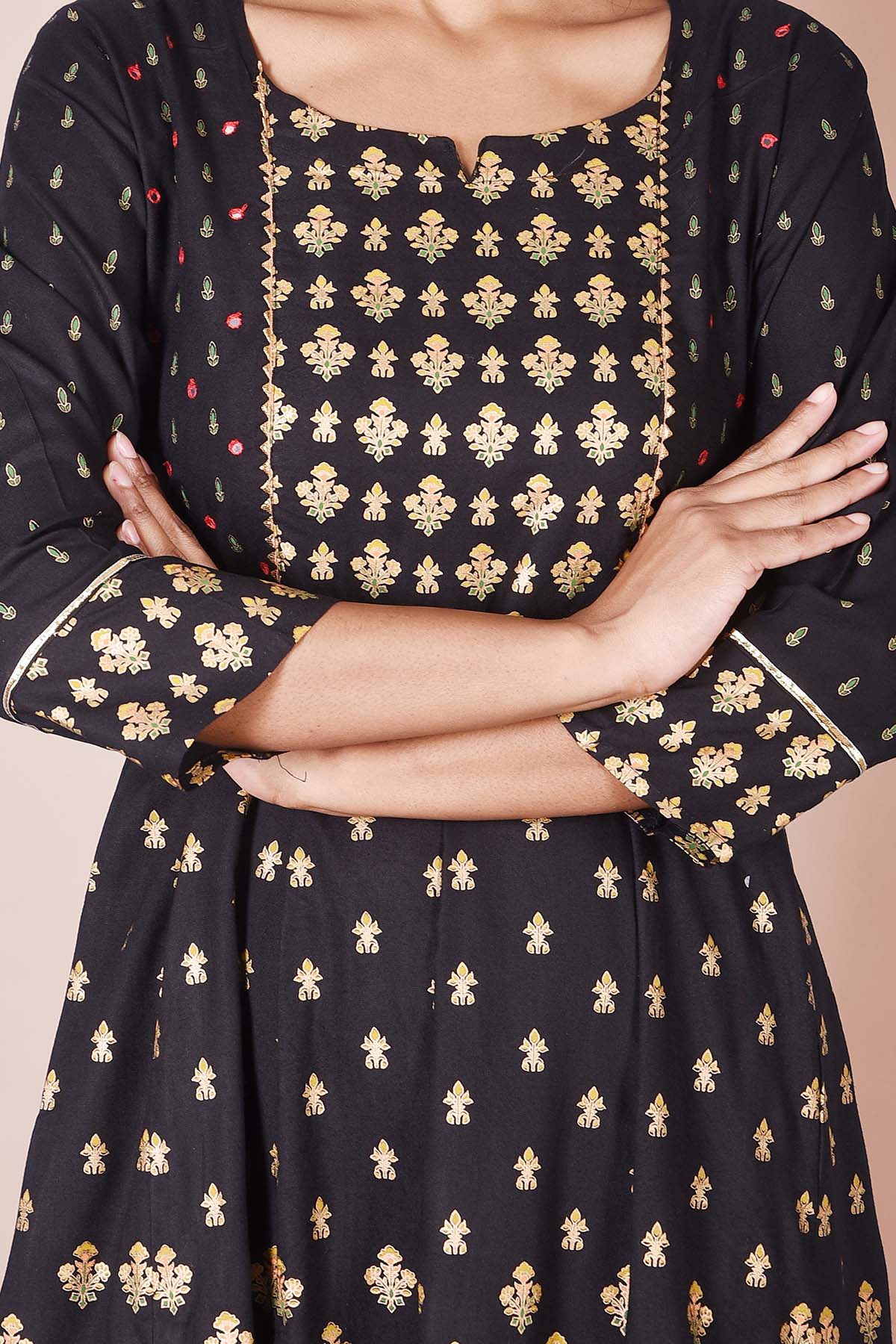 Black Rayon Gold Printed Dress - DWEEP SARA