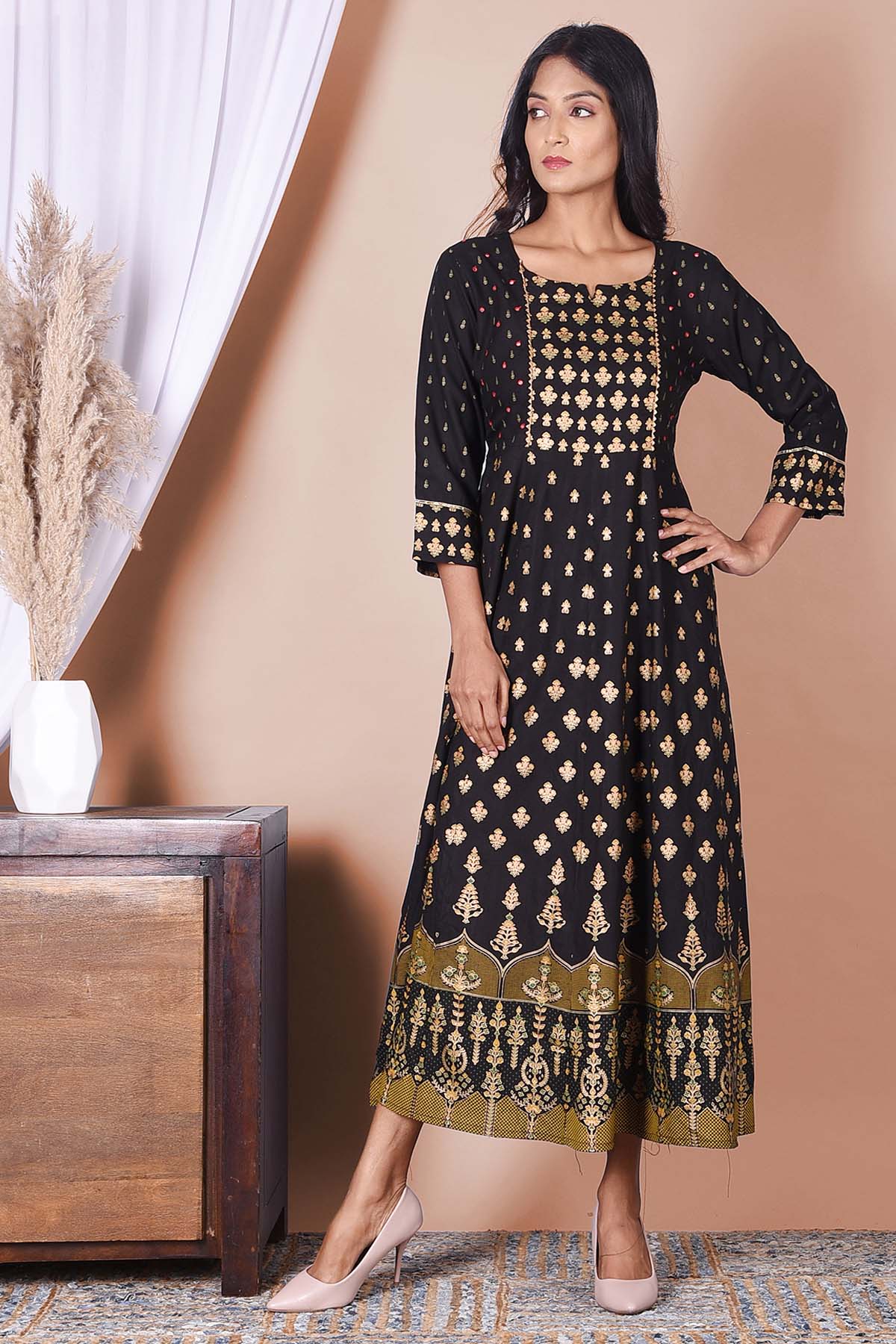 Black Rayon Gold Printed Dress - DWEEP SARA