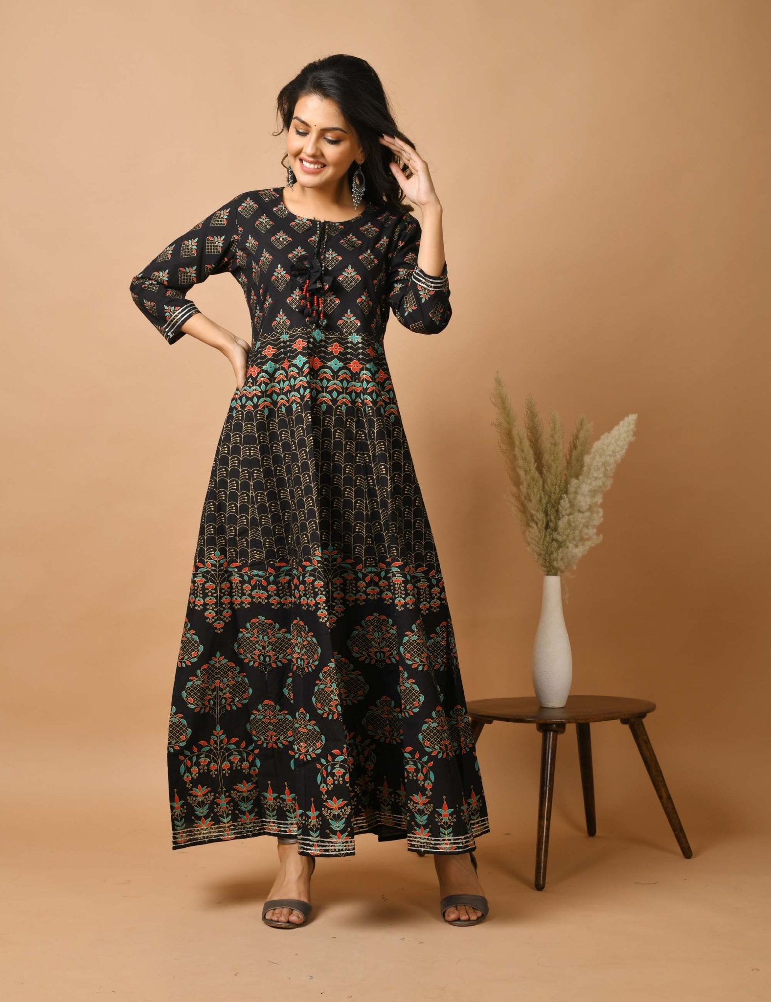 Black Rayon Gold Printed Dress - DWEEP SARA