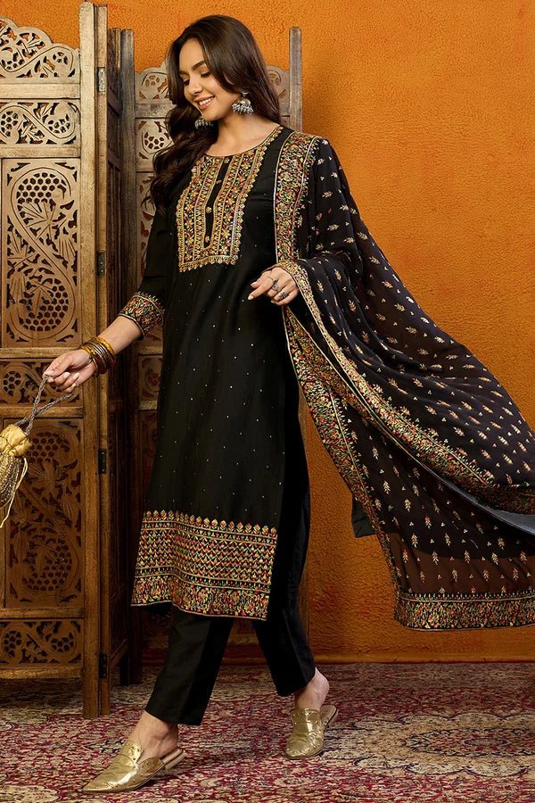 Black Silk Blend Embroidered Solid Straight Suit Set - DWEEP SARA
