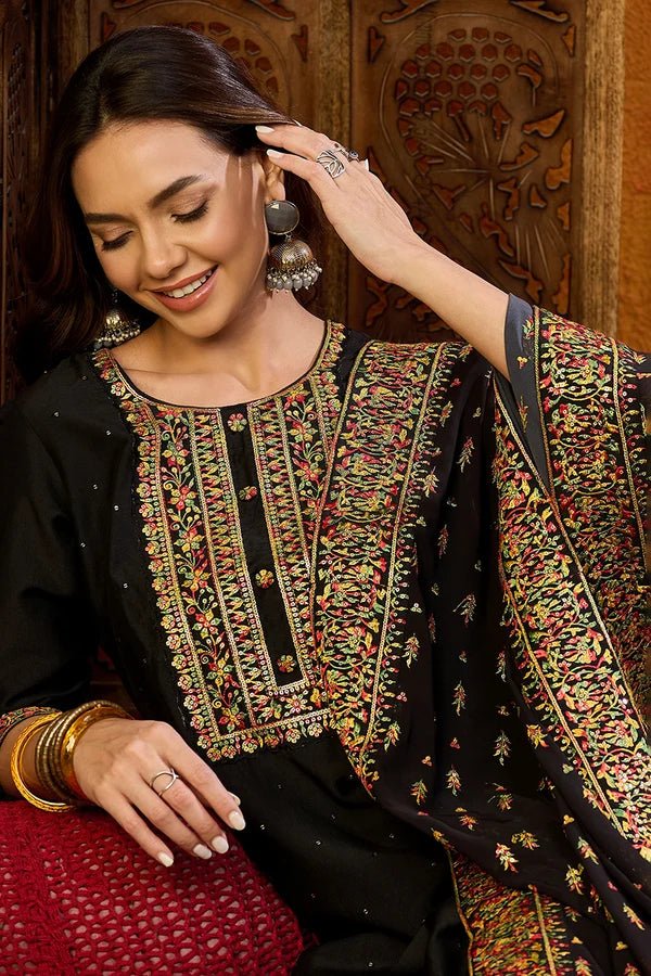 Black Silk Blend Embroidered Solid Straight Suit Set - DWEEP SARA