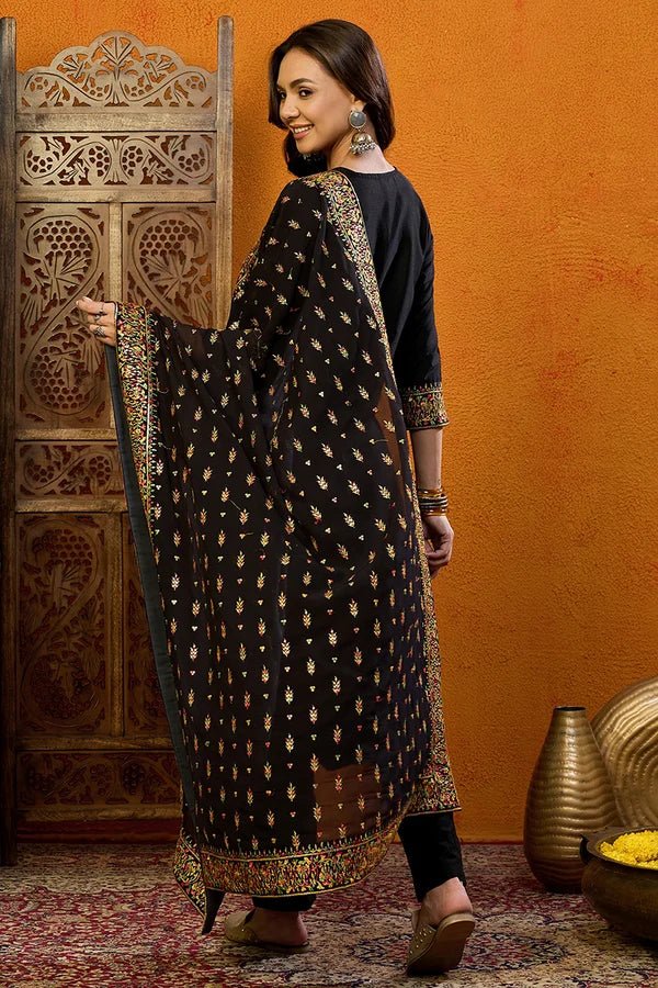 Black Silk Blend Embroidered Solid Straight Suit Set - DWEEP SARA