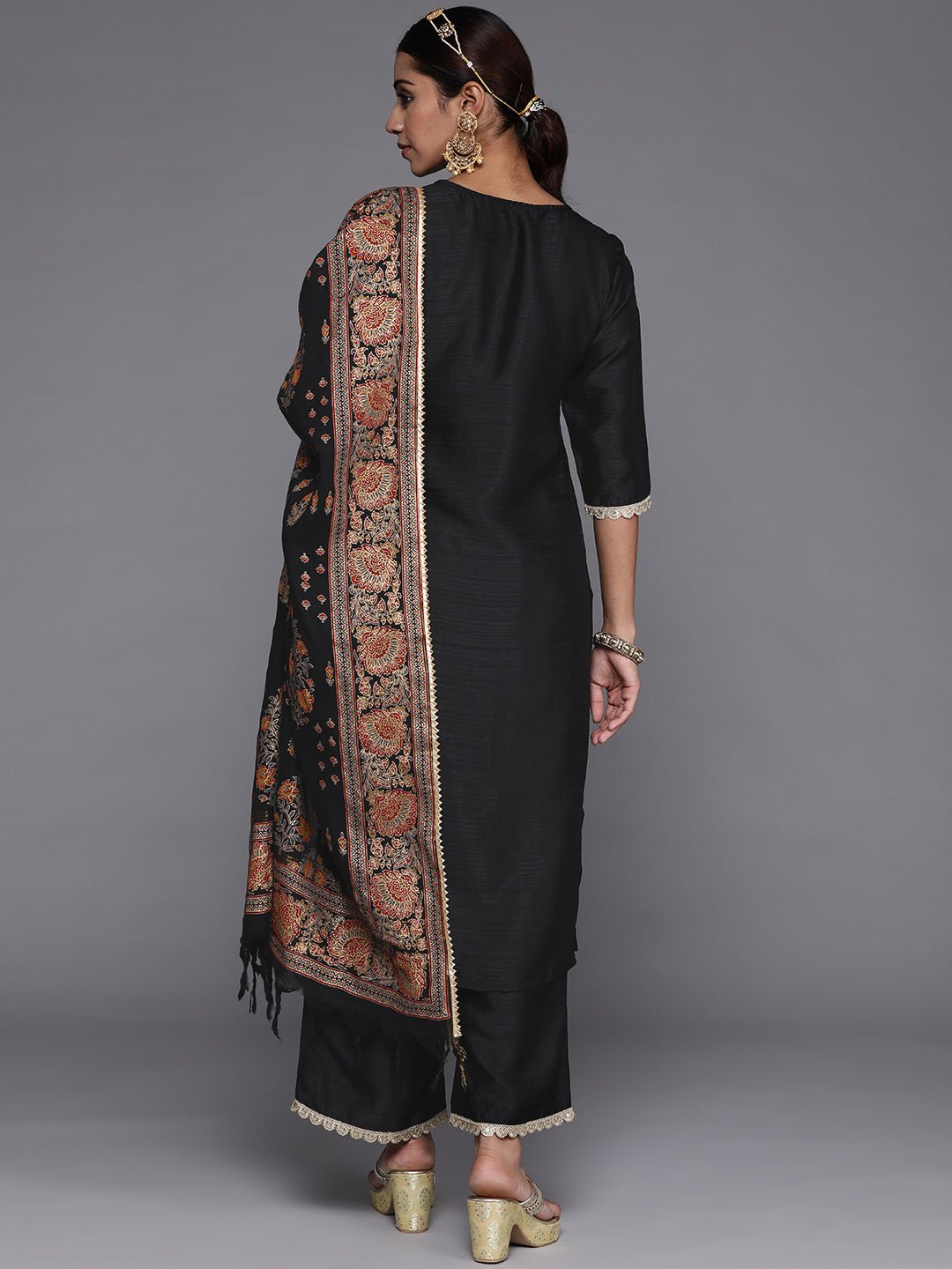 Black Solid Silk Blend Kalamkari Suit Set - DWEEP SARA