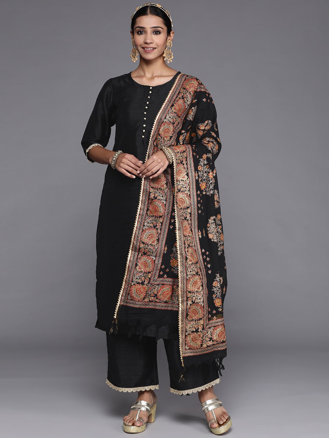 Black Solid Silk Blend Kalamkari Suit Set - DWEEP SARA