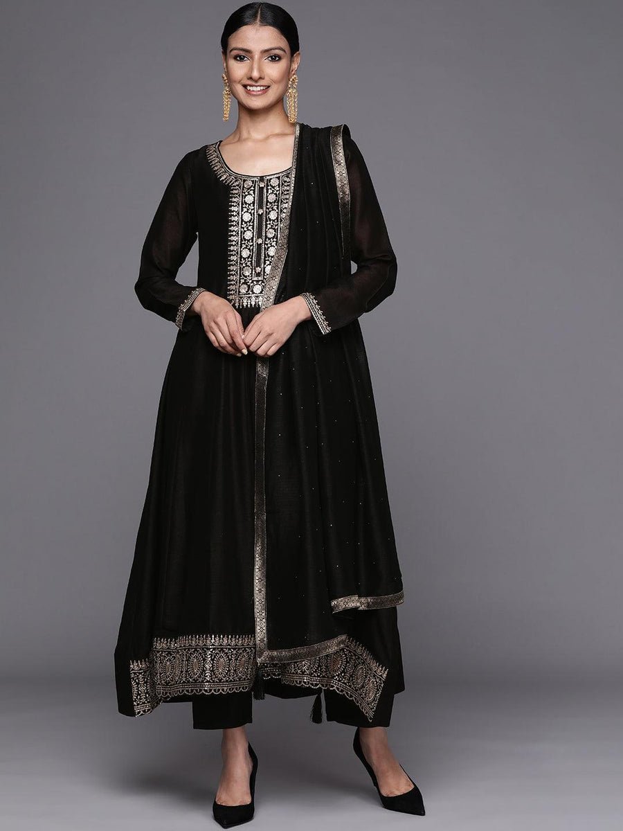 Black yoke Design Silk Blend Anarkali Suit Set - DWEEP SARA