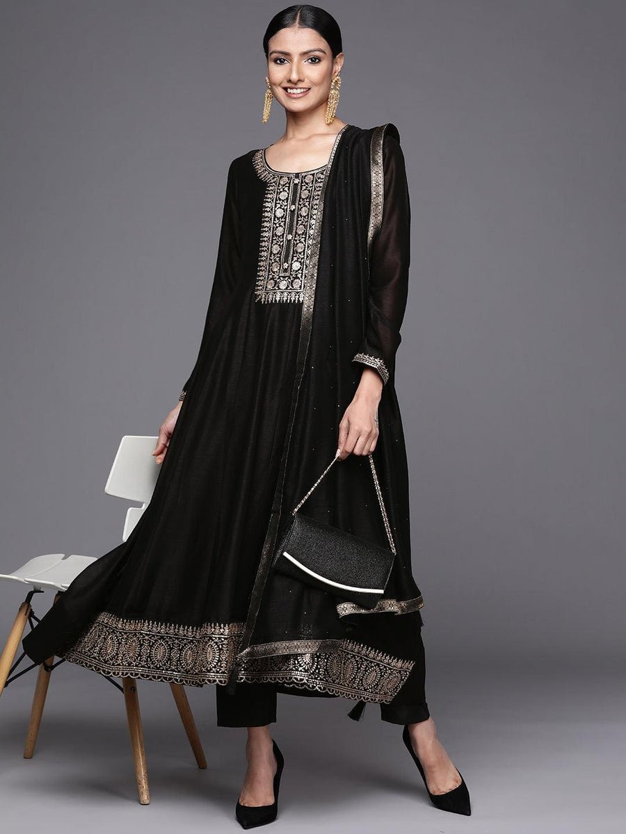 Black yoke Design Silk Blend Anarkali Suit Set - DWEEP SARA