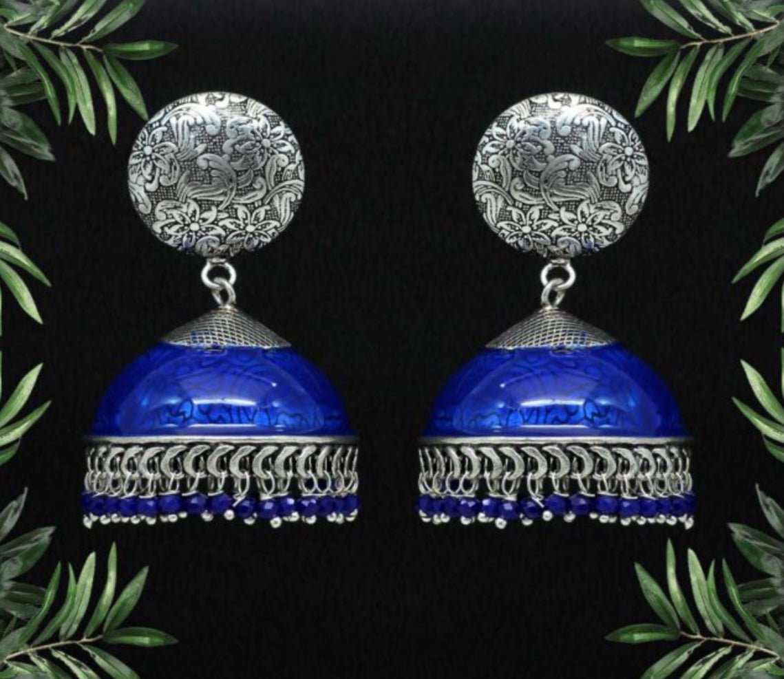 Blue Color Beads Oxidised Meenakari Earrings - DWEEP SARA