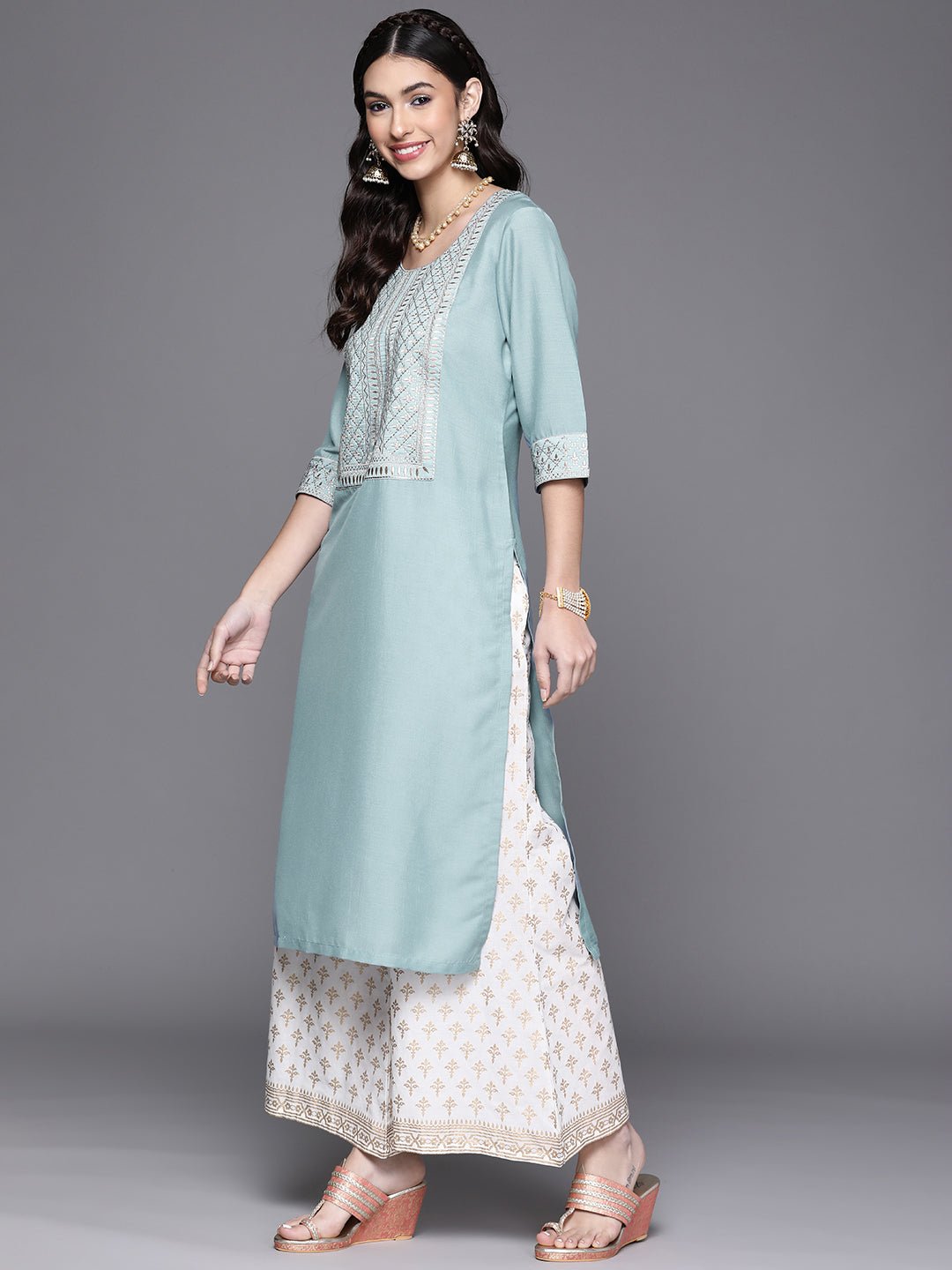 Blue Embroidered Chanderi Kurta - DWEEP SARA