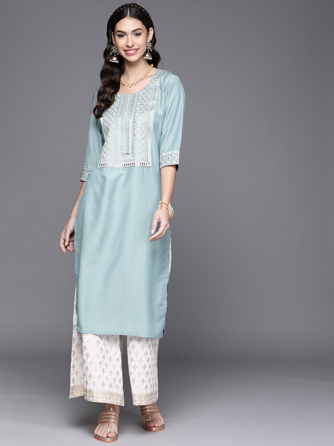 Blue Embroidered Chanderi Kurta - DWEEP SARA