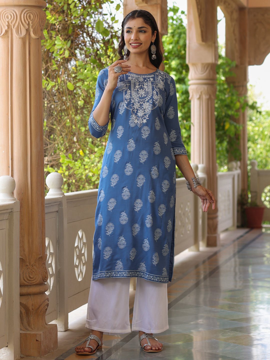 Blue Embroidered Khadi Print Kurta Set - DWEEP SARA