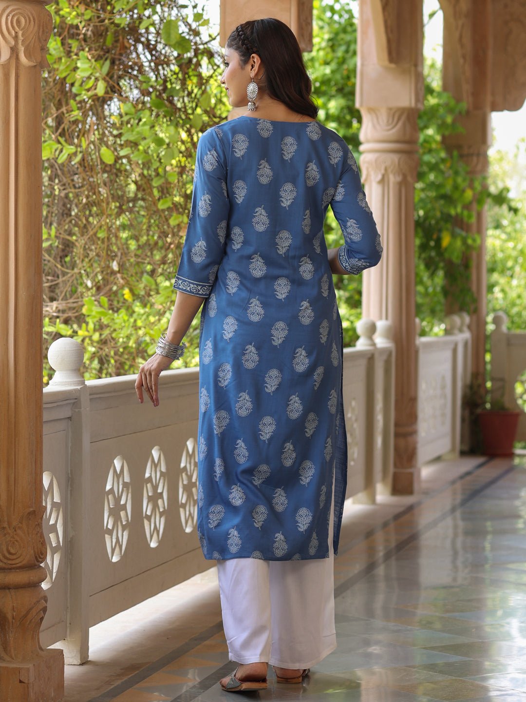 Blue Embroidered Khadi Print Kurta Set - DWEEP SARA