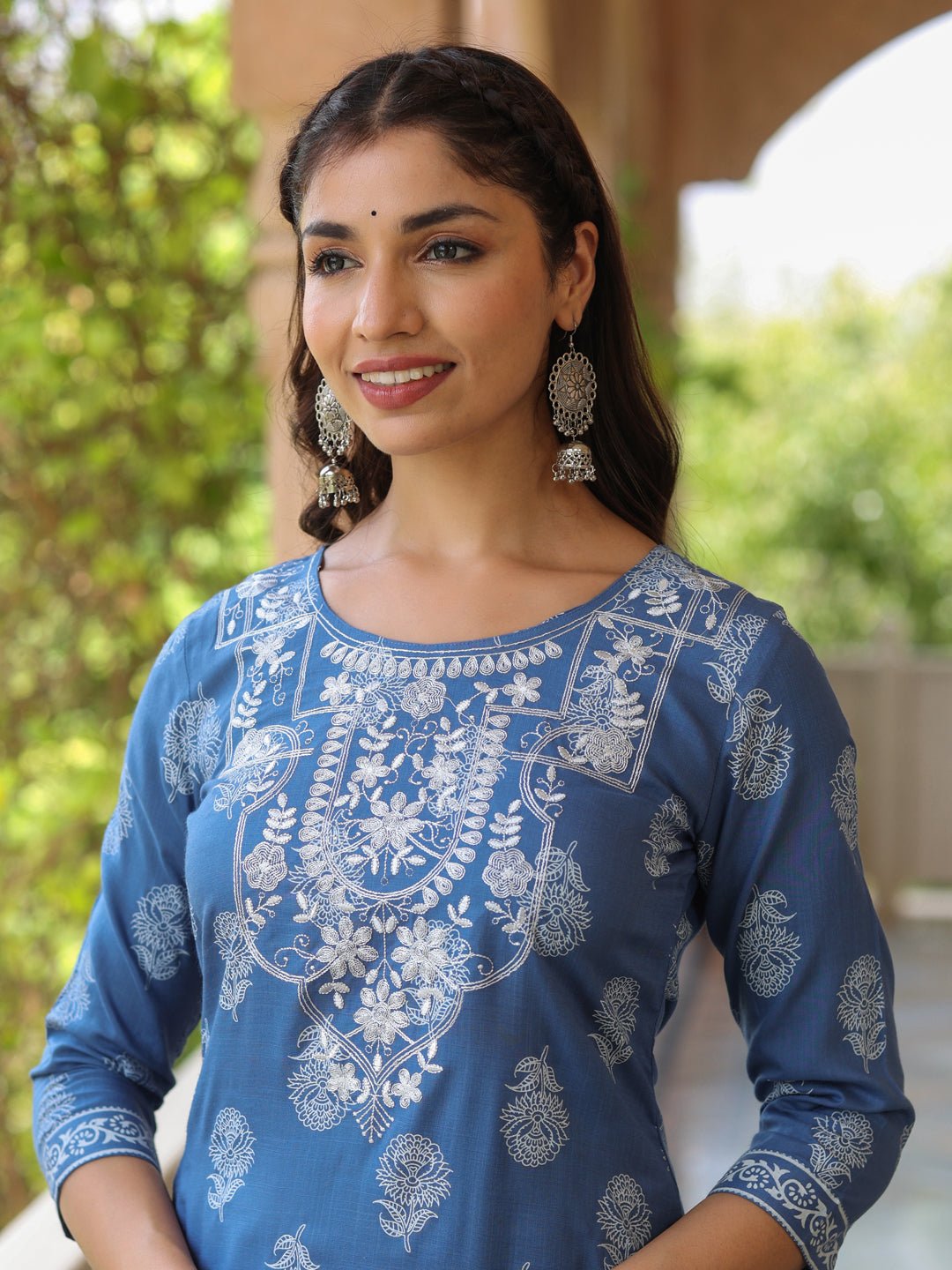 Blue Embroidered Khadi Print Kurta Set - DWEEP SARA