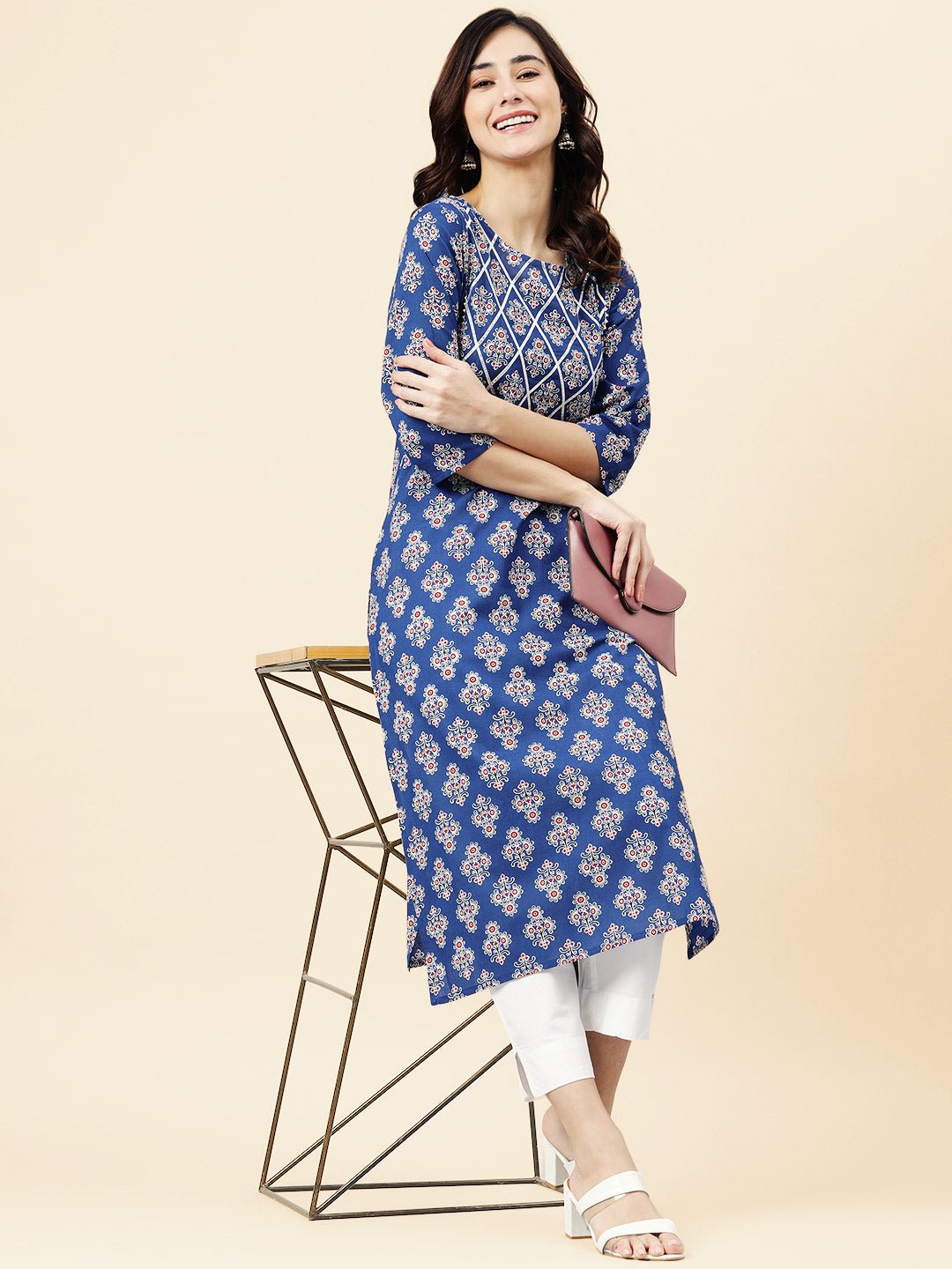 Blue Floral Print Cotton Kurta - DWEEP SARA