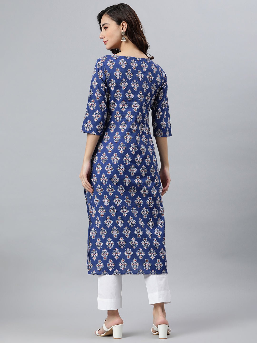 Blue Floral Print Cotton Kurta - DWEEP SARA