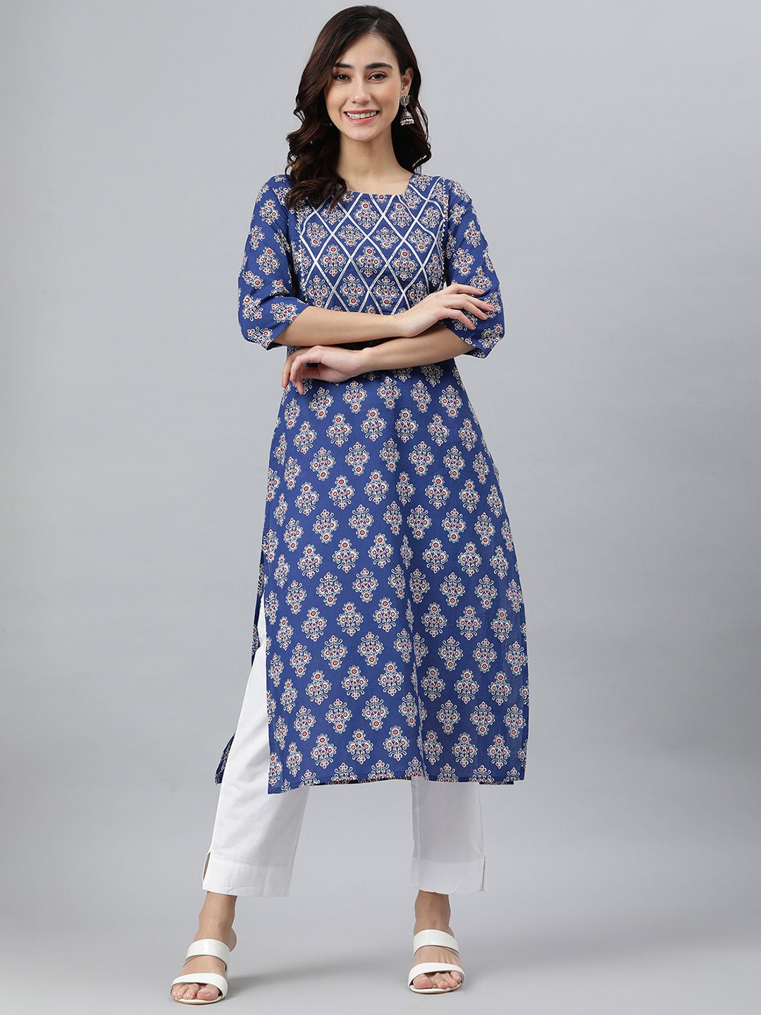 Blue Floral Print Cotton Kurta - DWEEP SARA