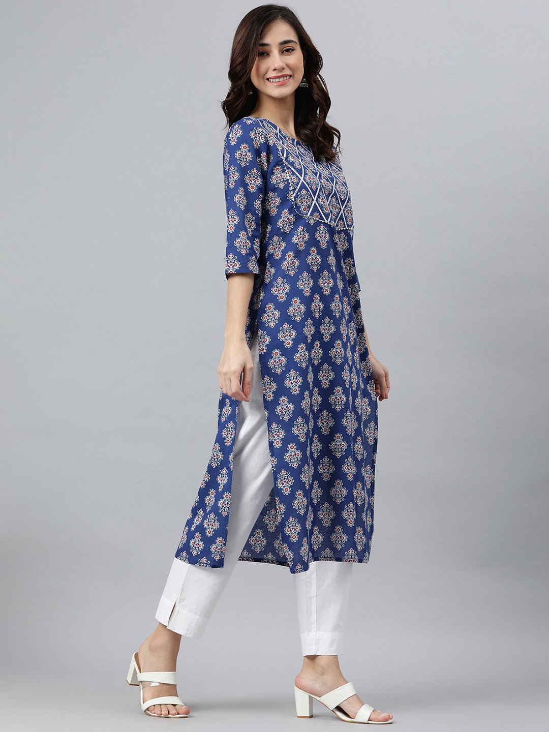 Blue Floral Print Cotton Kurta - DWEEP SARA