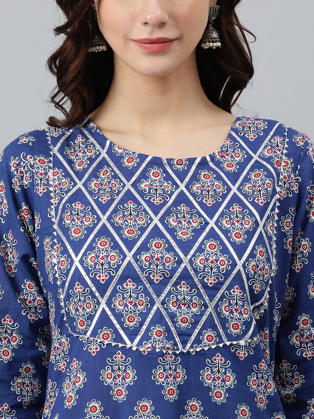 Blue Floral Print Cotton Kurta - DWEEP SARA